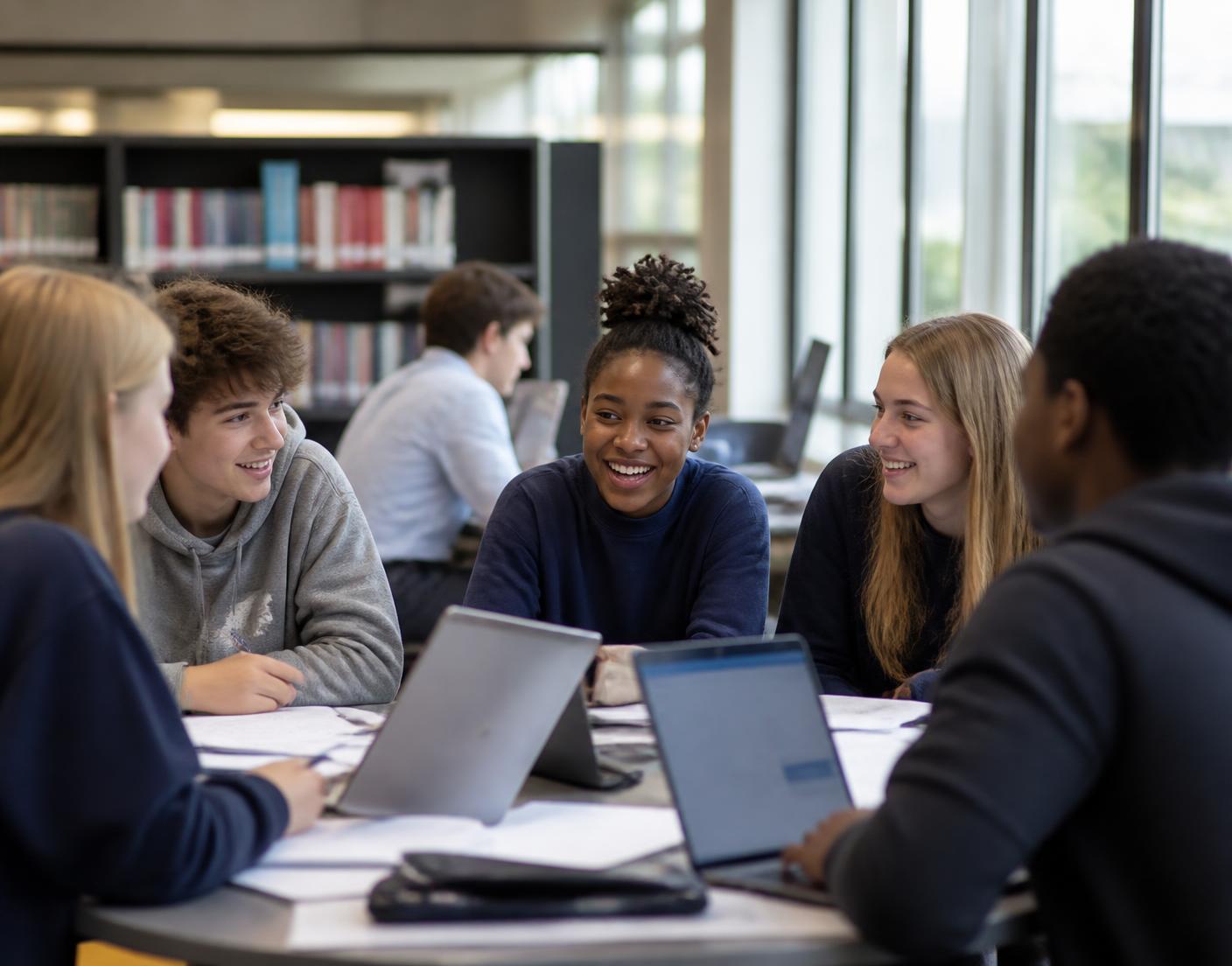 A-Level students revising together with notes and a laptop