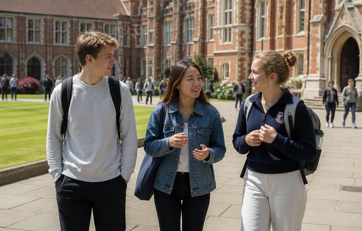 Students walking through a university campus